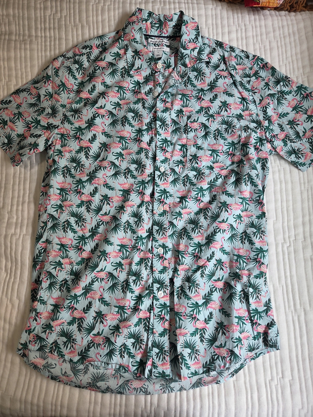 Amazon Essentials Light Blue Flamingo & Palm Short Sleeve Button-Down Shirt